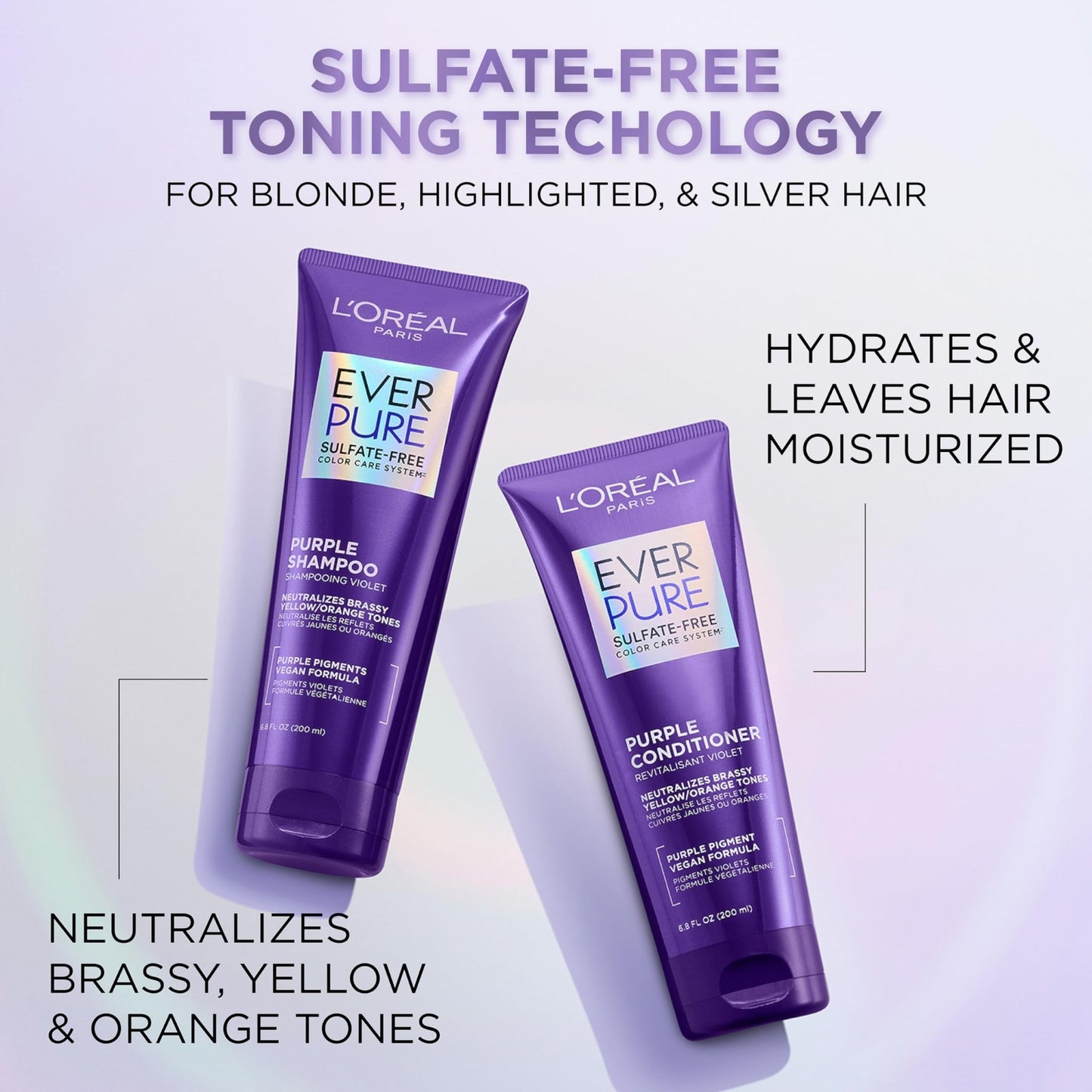 L’Oreal Paris Sulfate Free Brass Toning Purple Shampoo for Blonde, Bleached, Silver, or Brown Highlighted Hair, EverPure, 6.8 Fl Oz (Packaging May Vary) - dailyvitalstore