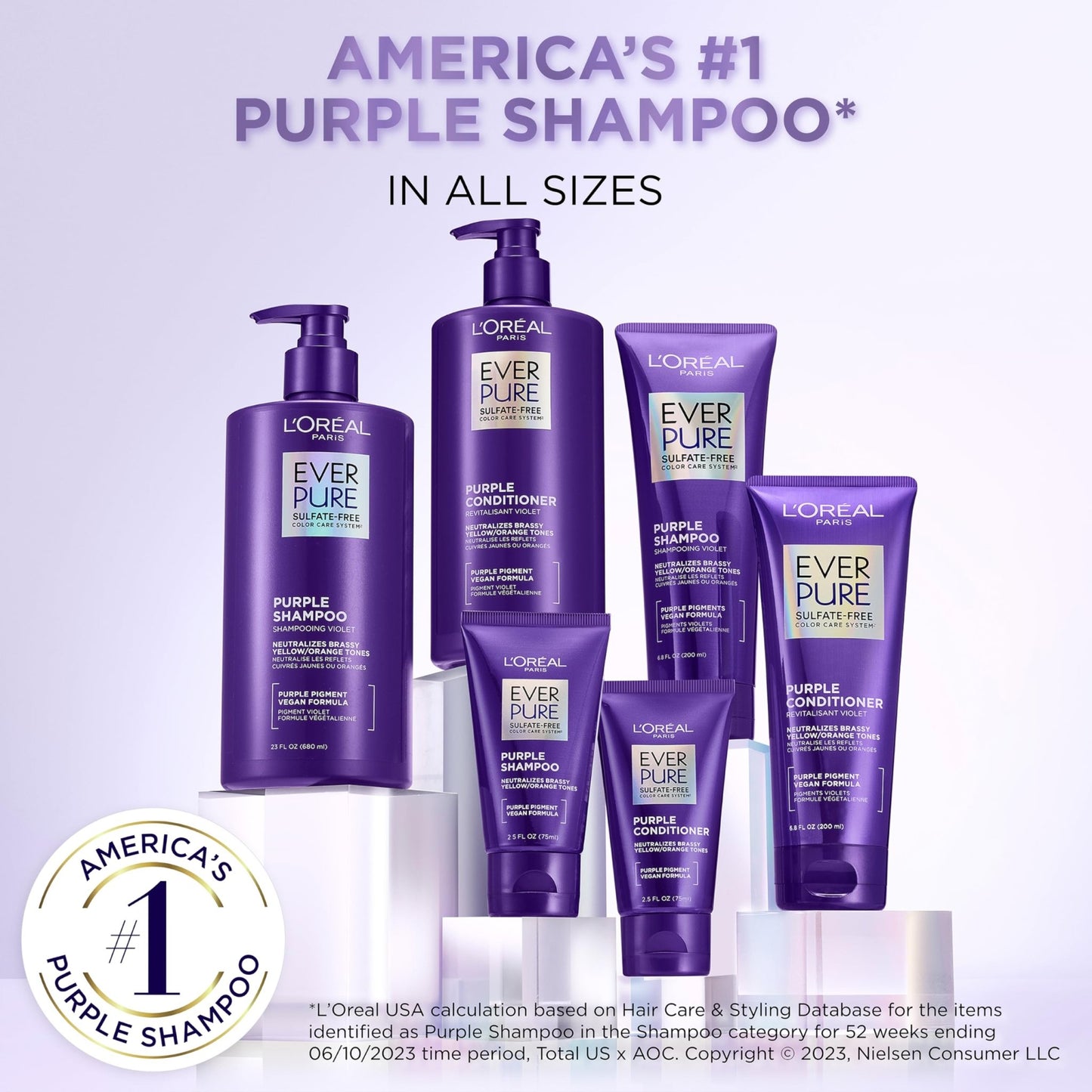 L’Oreal Paris Sulfate Free Brass Toning Purple Shampoo for Blonde, Bleached, Silver, or Brown Highlighted Hair, EverPure, 6.8 Fl Oz (Packaging May Vary) - dailyvitalstore