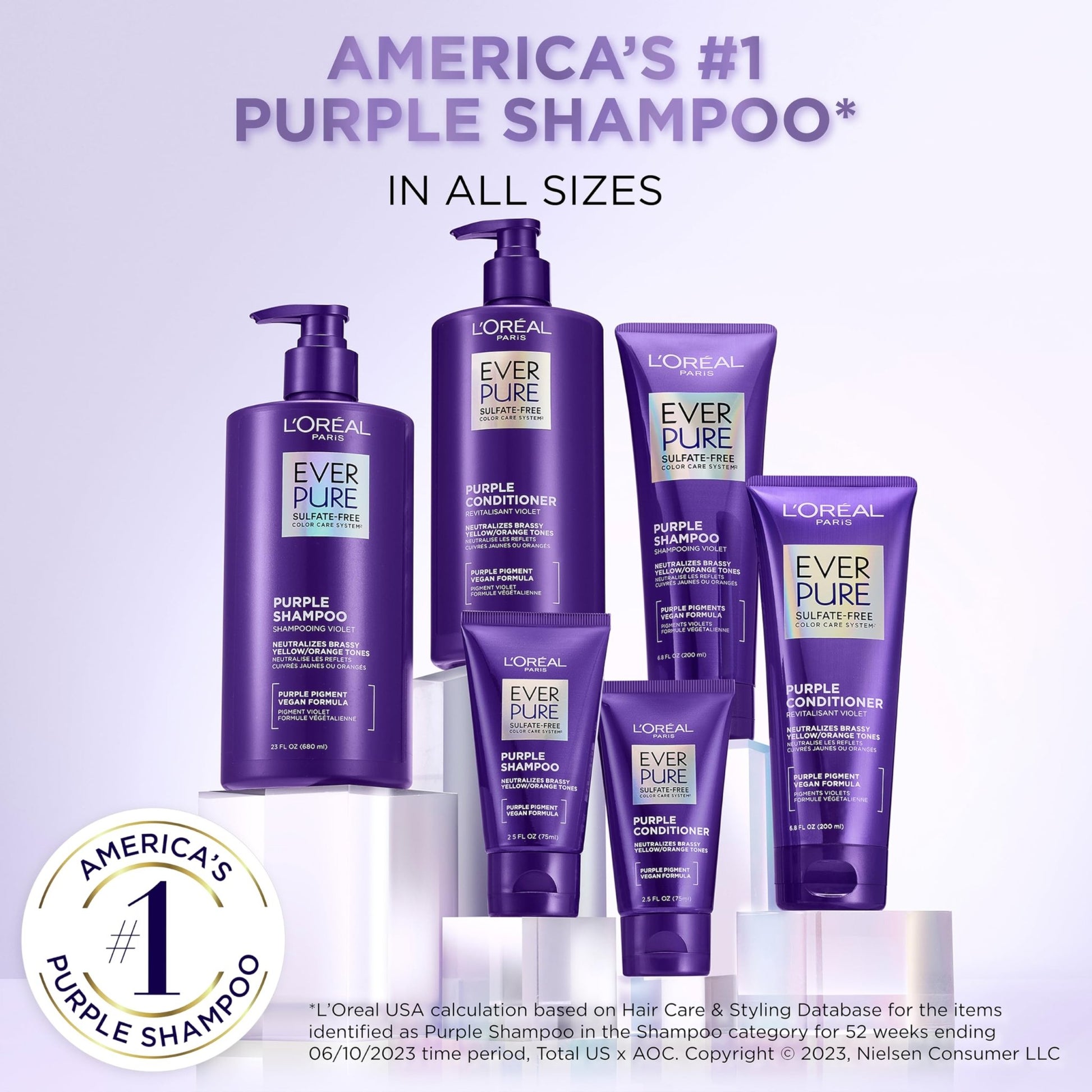 L’Oreal Paris Sulfate Free Brass Toning Purple Shampoo for Blonde, Bleached, Silver, or Brown Highlighted Hair, EverPure, 6.8 Fl Oz (Packaging May Vary) - dailyvitalstore
