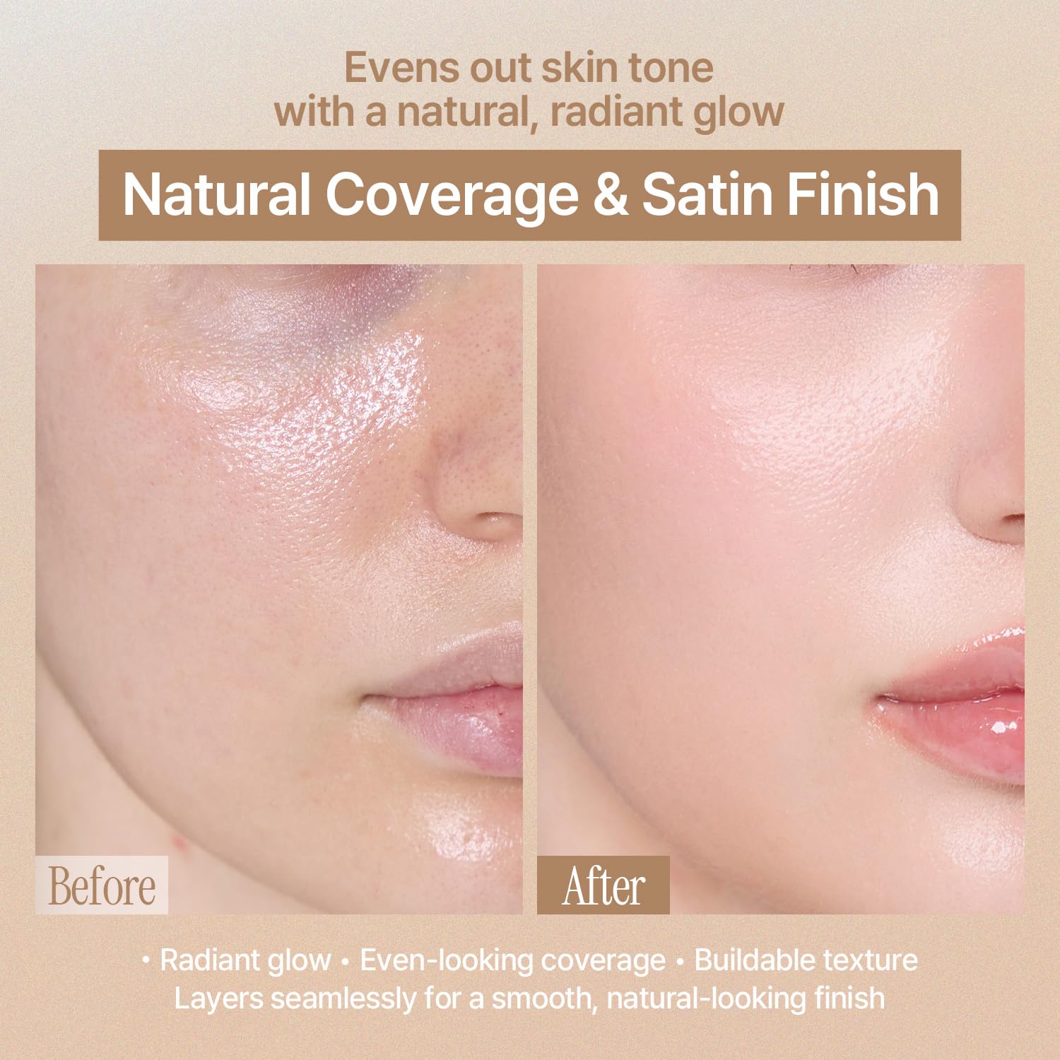 LOVB LOVB Natural Cover Glow Cushion Foundation | Satin Radiant Finish | Korean Foundation Makeup | Long-Lasting Natural Coverage | for All Skin Types 0.42 oz. (23N Natural Beige) - dailyvitalstore