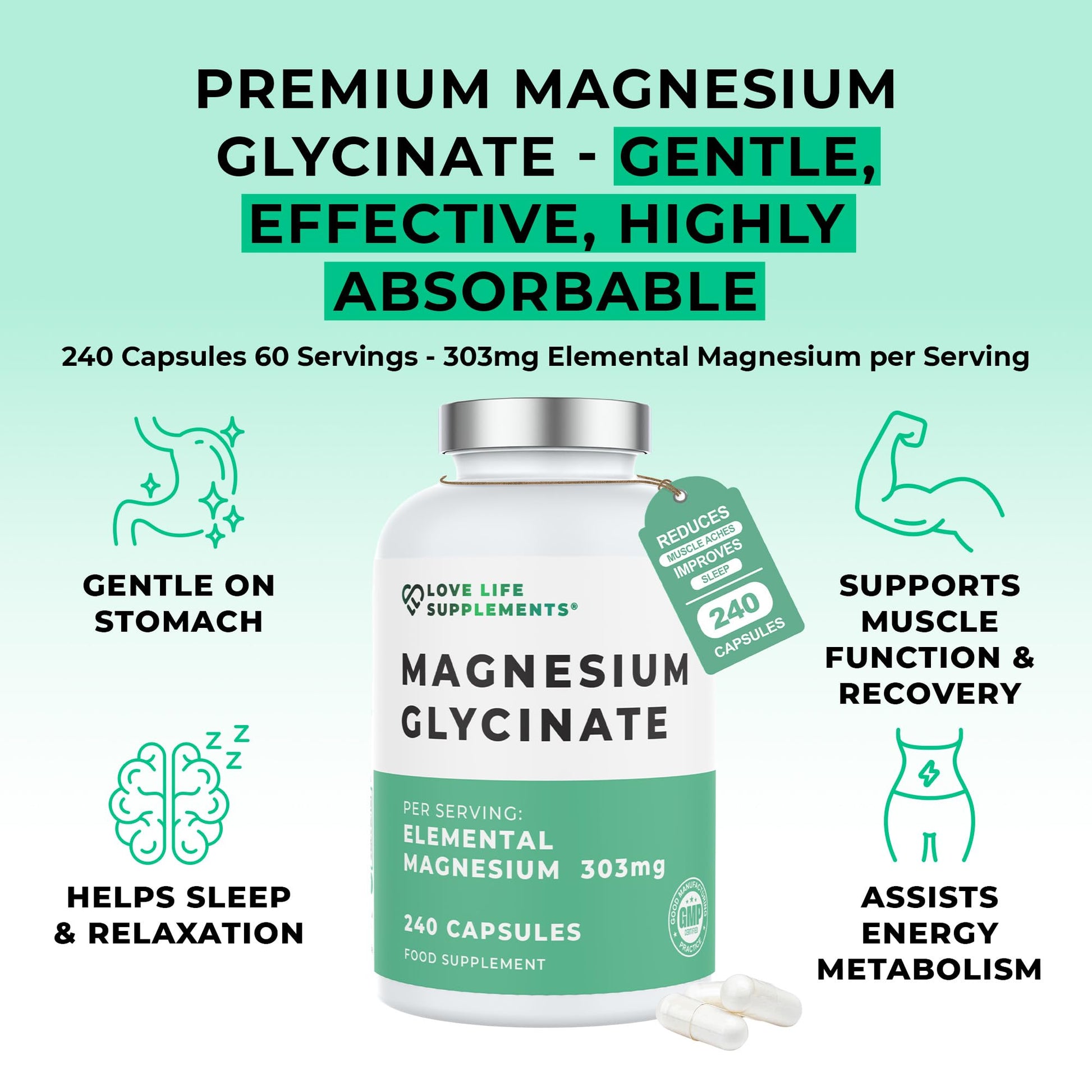 Love Life Supplements Pure Magnesium Glycinate (Bisglycinate), 240 Vegan Capsules, 2 Month Supply, High Strength 300mg Elemental - dailyvitalstore