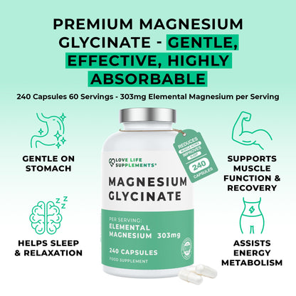 Love Life Supplements Pure Magnesium Glycinate (Bisglycinate), 240 Vegan Capsules, 2 Month Supply, High Strength 300mg Elemental - dailyvitalstore