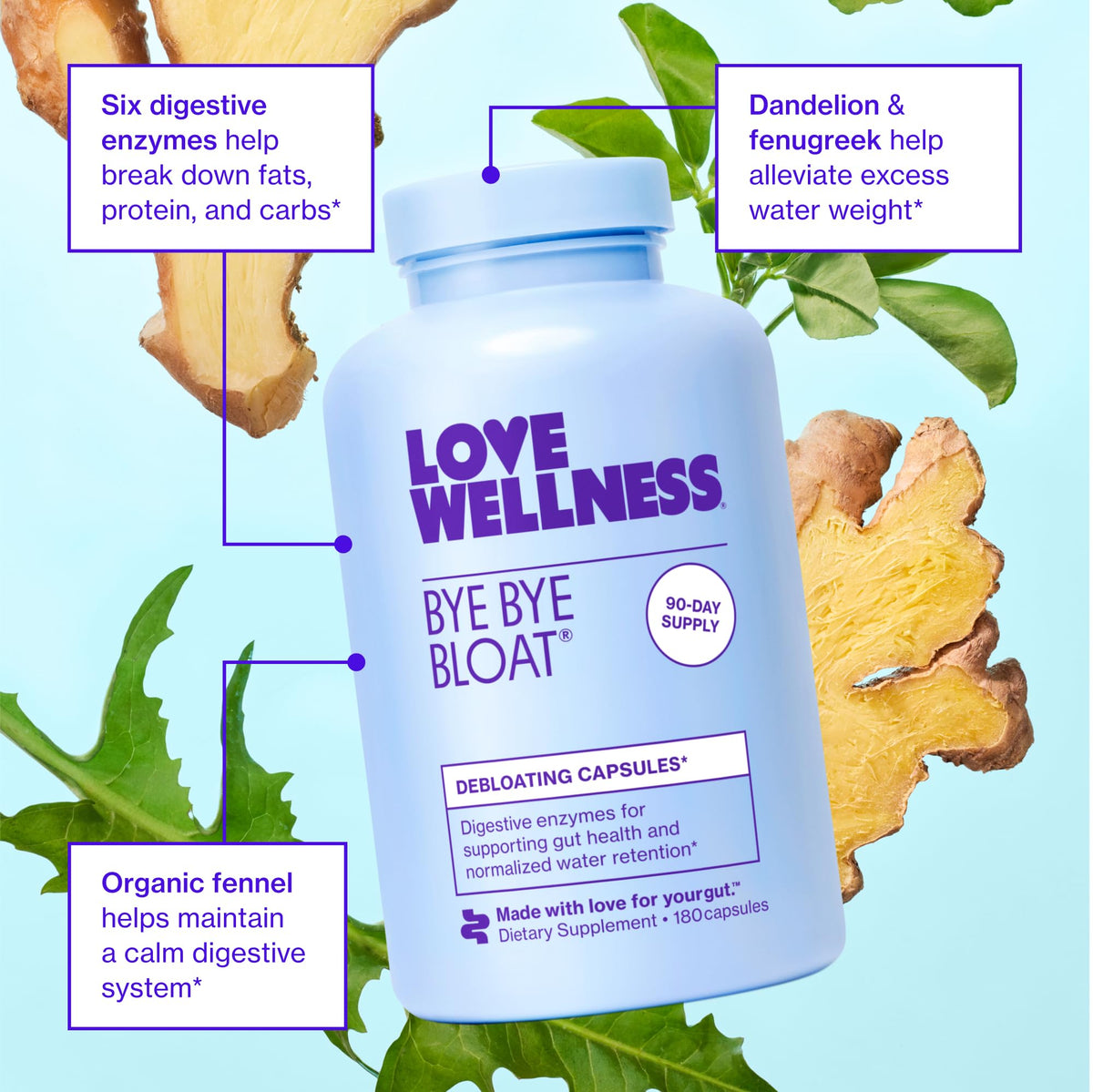 Love Wellness Bye Bye Bloat, Digestive Enzymes | Bloating Relief for Women | Help Reduce Gas Relief & Water Retention | Supports Digestive Health with Fenugreek & Dandelion | 180 Count - dailyvitalstore