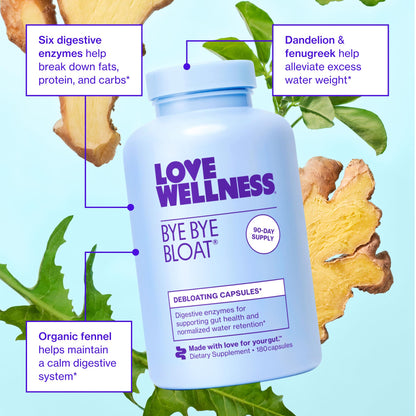 Love Wellness Bye Bye Bloat, Digestive Enzymes | Bloating Relief for Women | Help Reduce Gas Relief & Water Retention | Supports Digestive Health with Fenugreek & Dandelion | 180 Count - dailyvitalstore