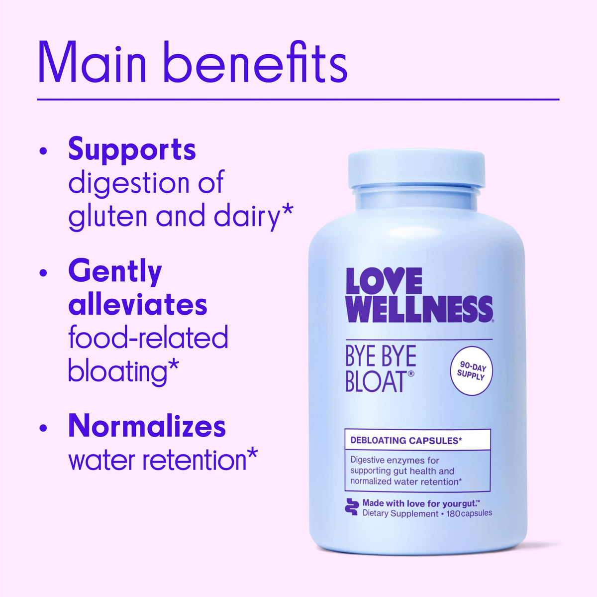 Love Wellness Bye Bye Bloat, Digestive Enzymes | Bloating Relief for Women | Help Reduce Gas Relief & Water Retention | Supports Digestive Health with Fenugreek & Dandelion | 180 Count - dailyvitalstore