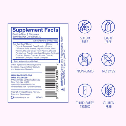 Love Wellness Bye Bye Bloat | Digestive Enzymes for Fast Acting Bloating Relief for Women | Helps Reduce Water Retention & Gas Relief | Supports Digestive Health with Fenugreek & Dandelion | 60 Count - dailyvitalstore