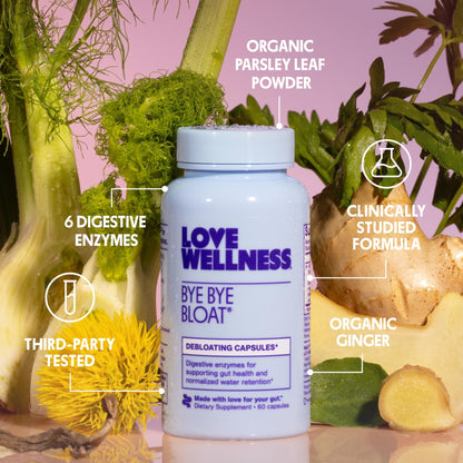 Love Wellness Bye Bye Bloat | Digestive Enzymes for Fast Acting Bloating Relief for Women | Helps Reduce Water Retention & Gas Relief | Supports Digestive Health with Fenugreek & Dandelion | 60 Count - dailyvitalstore