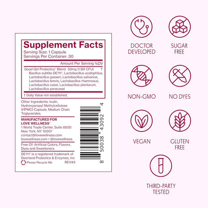 Love Wellness Good Girl Probiotics | Women’s Vaginal Health & pH Balance Supplement | 9-Strain Probiotic for Urinary Tract, Yeast, Odor & Immune Support | Gluten-Free (60-Day Supply) - dailyvitalstore