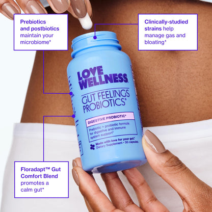 Love Wellness Gut Feelings Probiotic | Gut Health for Women, Digestion Relief & Immune Support Supplement | Womens Probiotic for Gas Relief | 3 Billion CFU | Safe Prebiotic and Postbiotic | 30 Count - dailyvitalstore