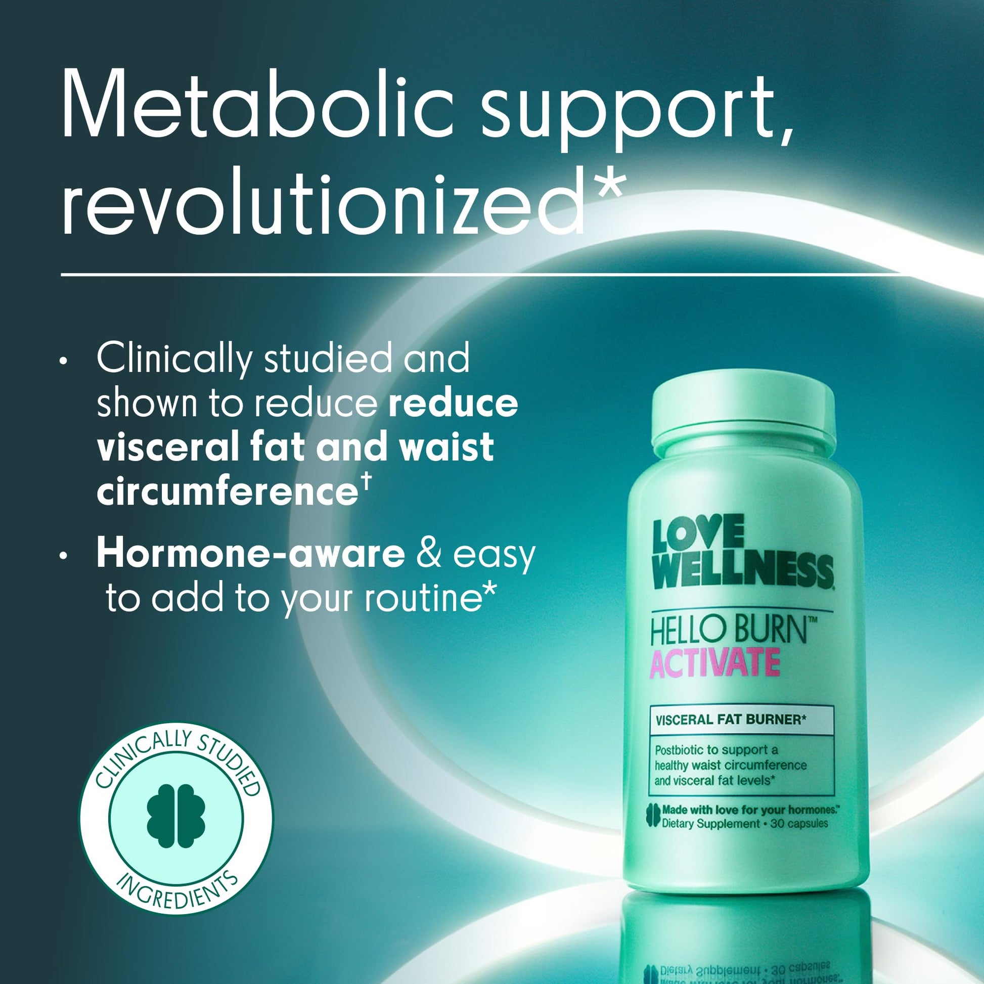 Love Wellness Hello Burn Activate | Support Visceral Fat Burn with HT BPL1 Postbiotic | Supports Healthy Waist Circumference, Longevity and Metabolic Wellness | 30 Count - dailyvitalstore
