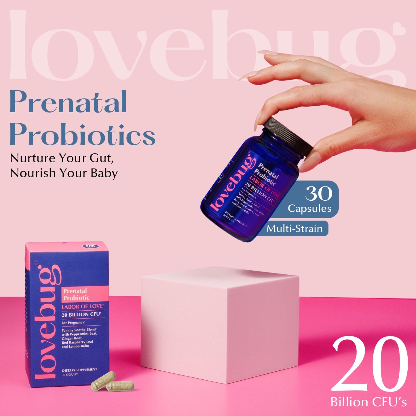 LOVEBUG Prenatal Probiotic | Helps with Morning Sickness, Nausea, Heartburn & Digestion | Helps Baby Microbiome | Multi Strain 20 Billion CFU | 30 Capsules - dailyvitalstore