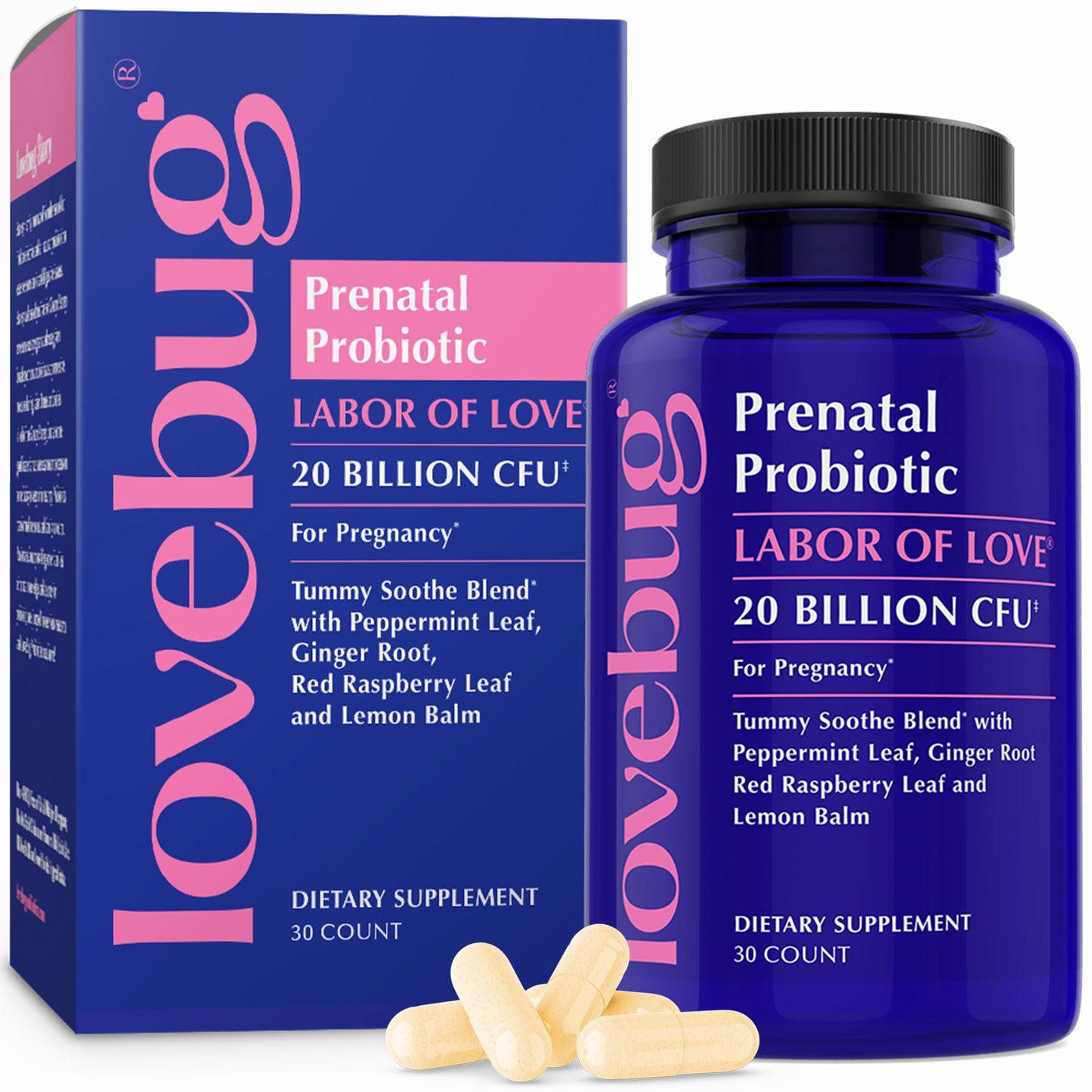 LOVEBUG Prenatal Probiotic | Helps with Morning Sickness, Nausea, Heartburn & Digestion | Helps Baby Microbiome | Multi Strain 20 Billion CFU | 30 Capsules - dailyvitalstore