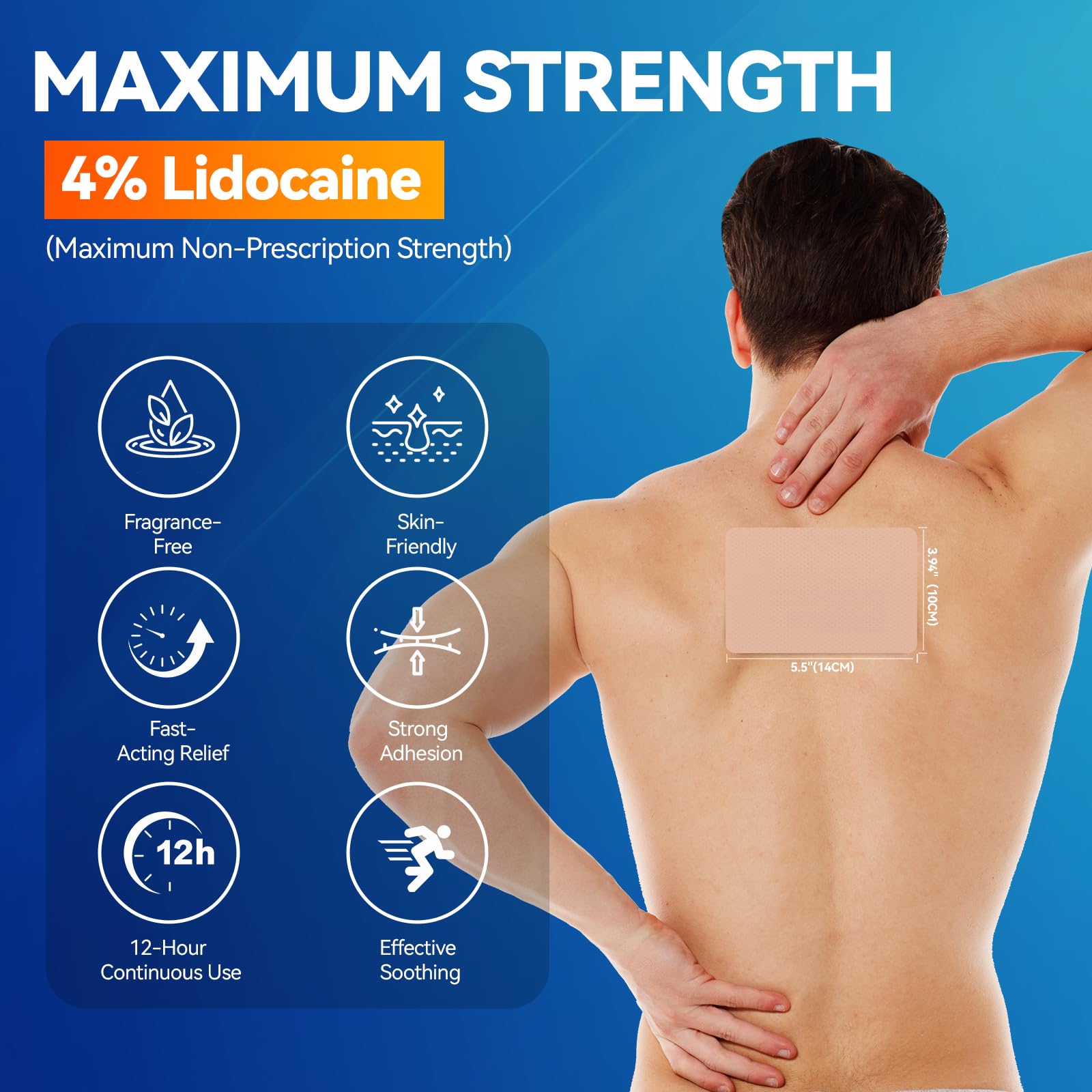 LOVPTFER 4% Lidocaine Pain Relief Patches – Maximum Strength Pain Patches, 12-Hour Long-Lasting Relief for Back, Neck, Shoulder & Joint Pain, Fast-Acting,–40 Count, 5.5” x 3.94” - dailyvitalstore