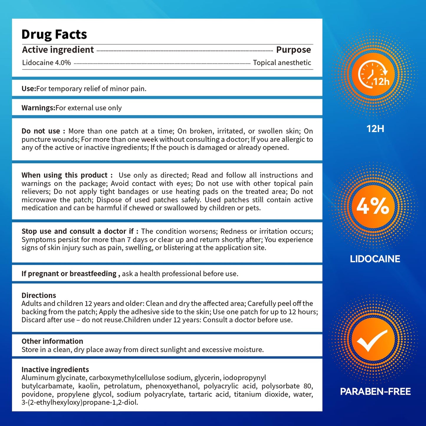 LOVPTFER 4% Lidocaine Pain Relief Patches – Maximum Strength Pain Patches, 12-Hour Long-Lasting Relief for Back, Neck, Shoulder & Joint Pain, Fast-Acting,–40 Count, 5.5” x 3.94” - dailyvitalstore