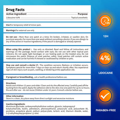 LOVPTFER 4% Lidocaine Pain Relief Patches – Maximum Strength Pain Patches, 12-Hour Long-Lasting Relief for Back, Neck, Shoulder & Joint Pain, Fast-Acting,–40 Count, 5.5” x 3.94” - dailyvitalstore