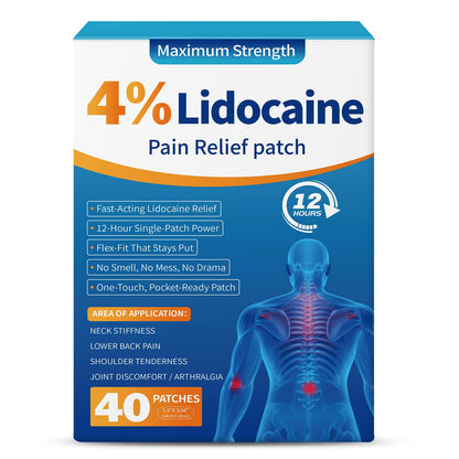 LOVPTFER 4% Lidocaine Pain Relief Patches – Maximum Strength Pain Patches, 12-Hour Long-Lasting Relief for Back, Neck, Shoulder & Joint Pain, Fast-Acting,–40 Count, 5.5” x 3.94” - dailyvitalstore