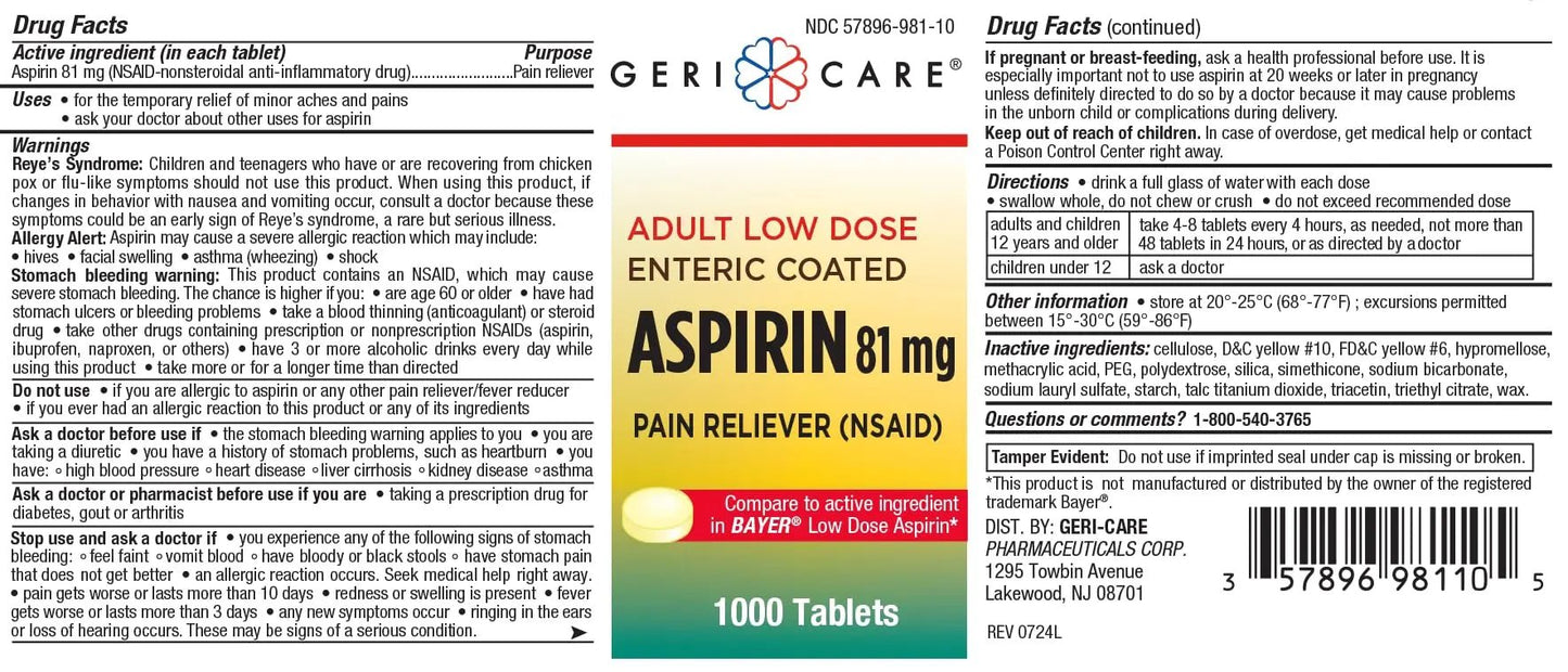 Low dose Baby Aspirin 81mg for Adults. (NSAID) | Made in USA | (Value Pack 1,000 Enteric Coated Tablets) - dailyvitalstore