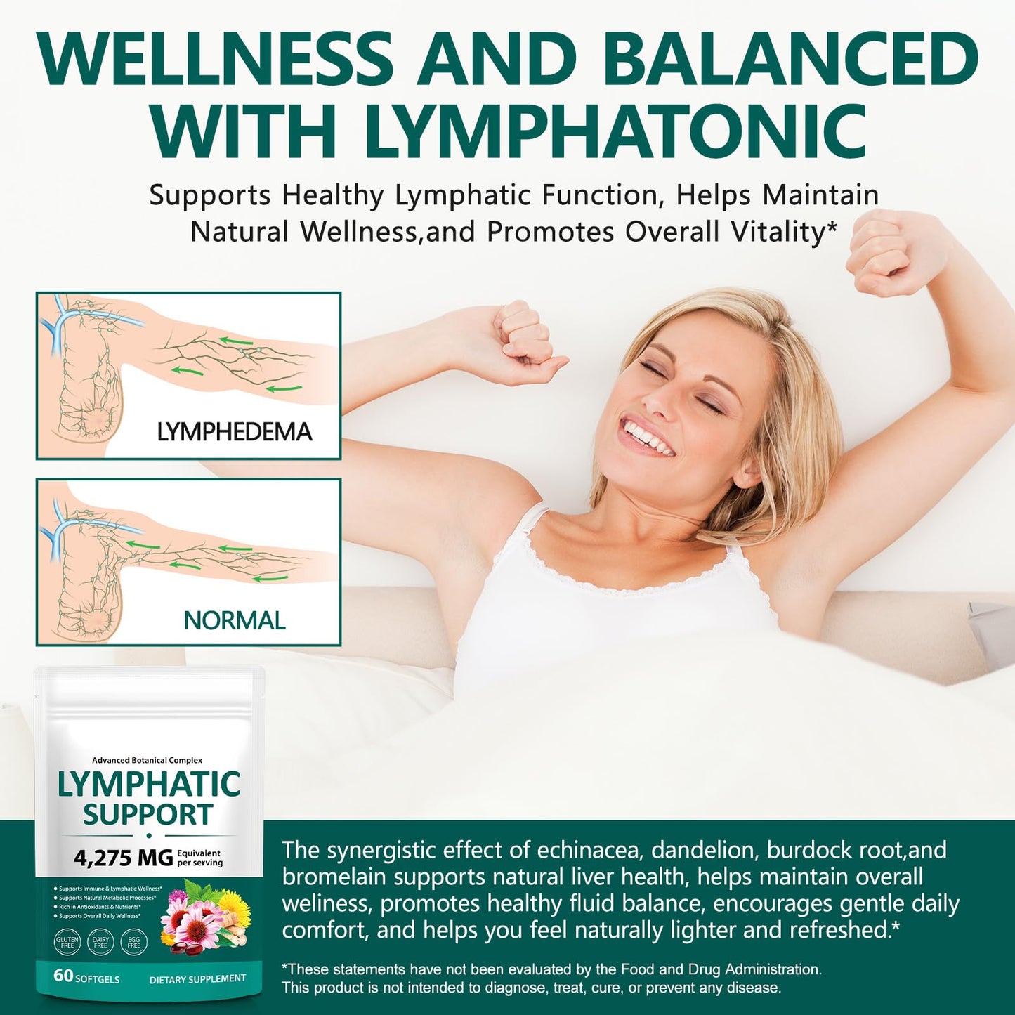LTQXGT Lymphatic Support Supplement 60 Softgels– Advanced Botanical Complex with Echinacea, Dandelion & Elderberry – Antioxidant-Rich Daily Wellness Formula - dailyvitalstore
