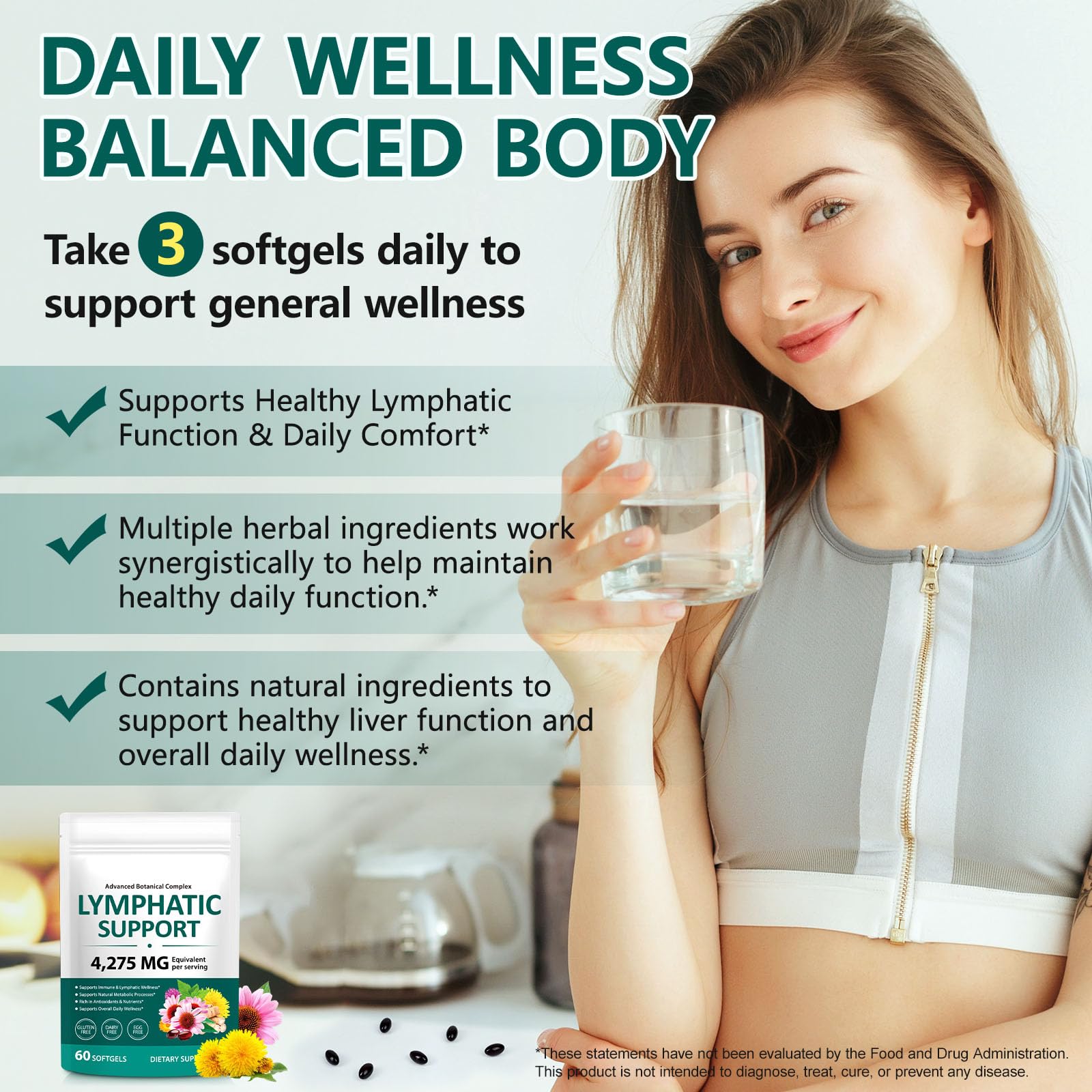 LTQXGT Lymphatic Support Supplement 60 Softgels– Advanced Botanical Complex with Echinacea, Dandelion & Elderberry – Antioxidant-Rich Daily Wellness Formula - dailyvitalstore