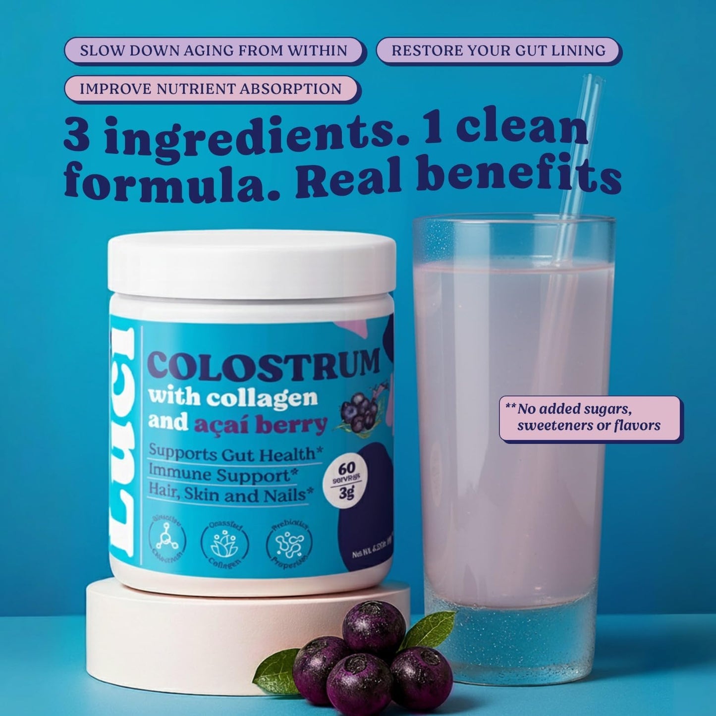 Luci Colostrum Powder 60 Servings, 3 in 1 with Collagen Peptides and Acai, Bovine Colostrum for Gut Health, Bloating, Collagen Protein for Muscle, Skin, Hair, Nails and Immunity, Gluten & Fat Free - dailyvitalstore