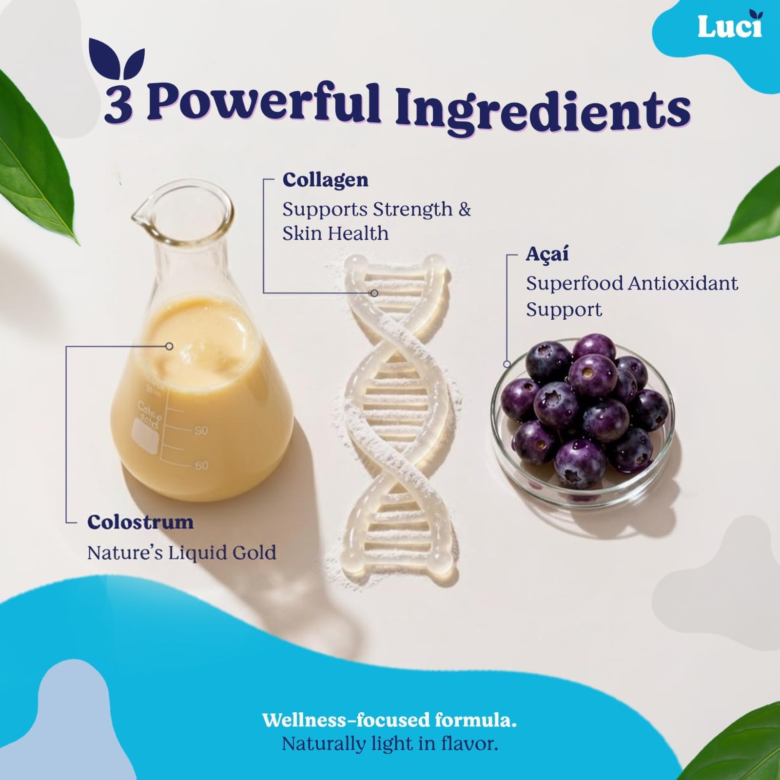 Luci Colostrum Powder 60 Servings, 3 in 1 with Collagen Peptides and Acai, Bovine Colostrum for Gut Health, Bloating, Collagen Protein for Muscle, Skin, Hair, Nails and Immunity, Gluten & Fat Free - dailyvitalstore