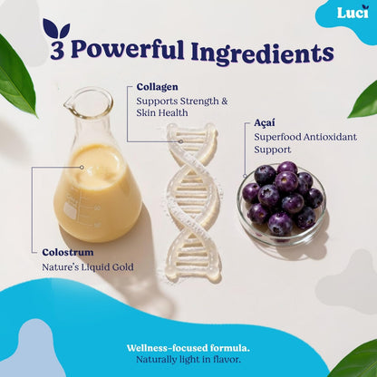 Luci Colostrum Powder 60 Servings, 3 in 1 with Collagen Peptides and Acai, Bovine Colostrum for Gut Health, Bloating, Collagen Protein for Muscle, Skin, Hair, Nails and Immunity, Gluten & Fat Free - dailyvitalstore