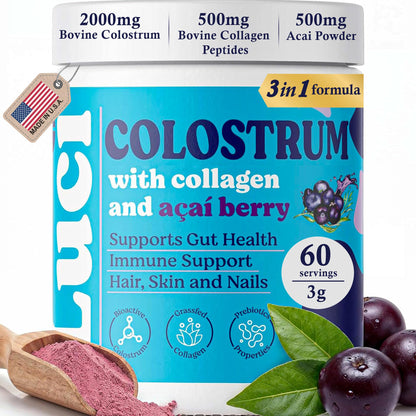 Luci Colostrum Powder 60 Servings, 3 in 1 with Collagen Peptides and Acai, Bovine Colostrum for Gut Health, Bloating, Collagen Protein for Muscle, Skin, Hair, Nails and Immunity, Gluten & Fat Free - dailyvitalstore