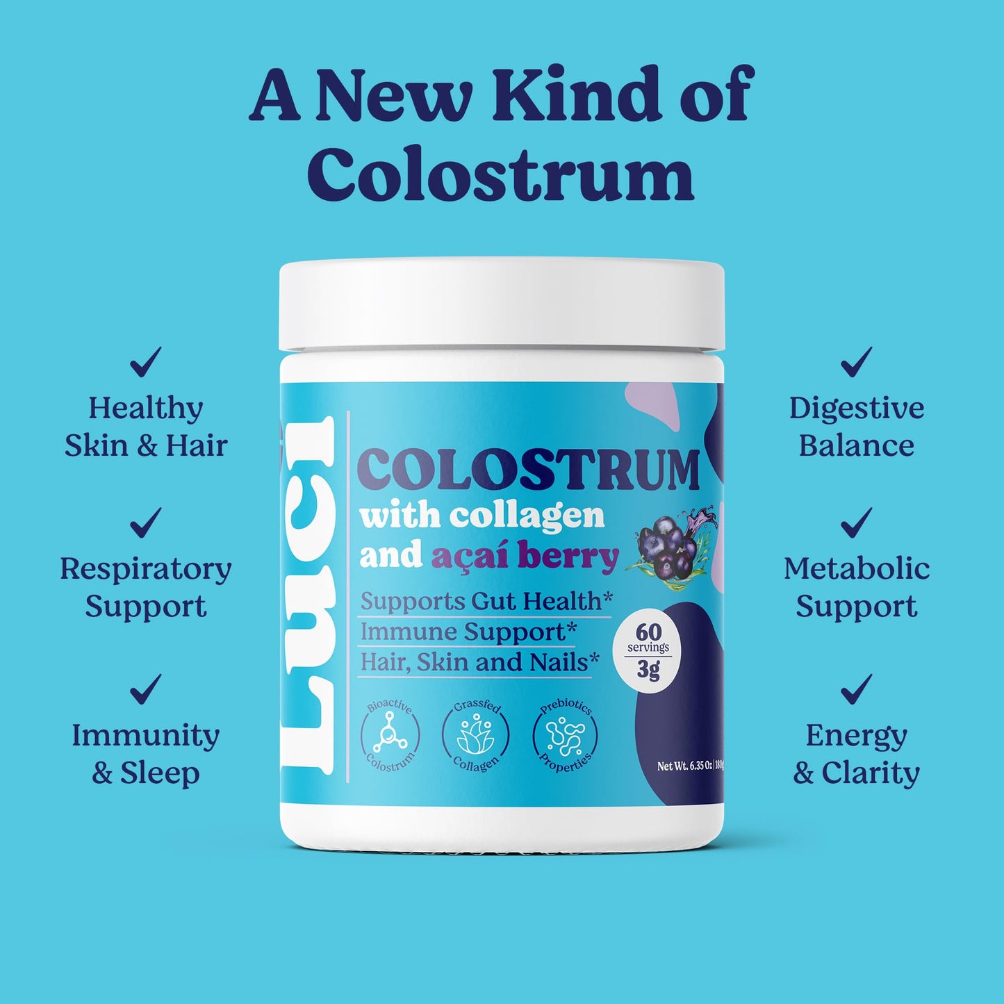 Luci Colostrum Powder 60 Servings, 3 in 1 with Collagen Peptides and Acai, Bovine Colostrum for Gut Health, Bloating, Collagen Protein for Muscle, Skin, Hair, Nails and Immunity, Gluten & Fat Free - dailyvitalstore