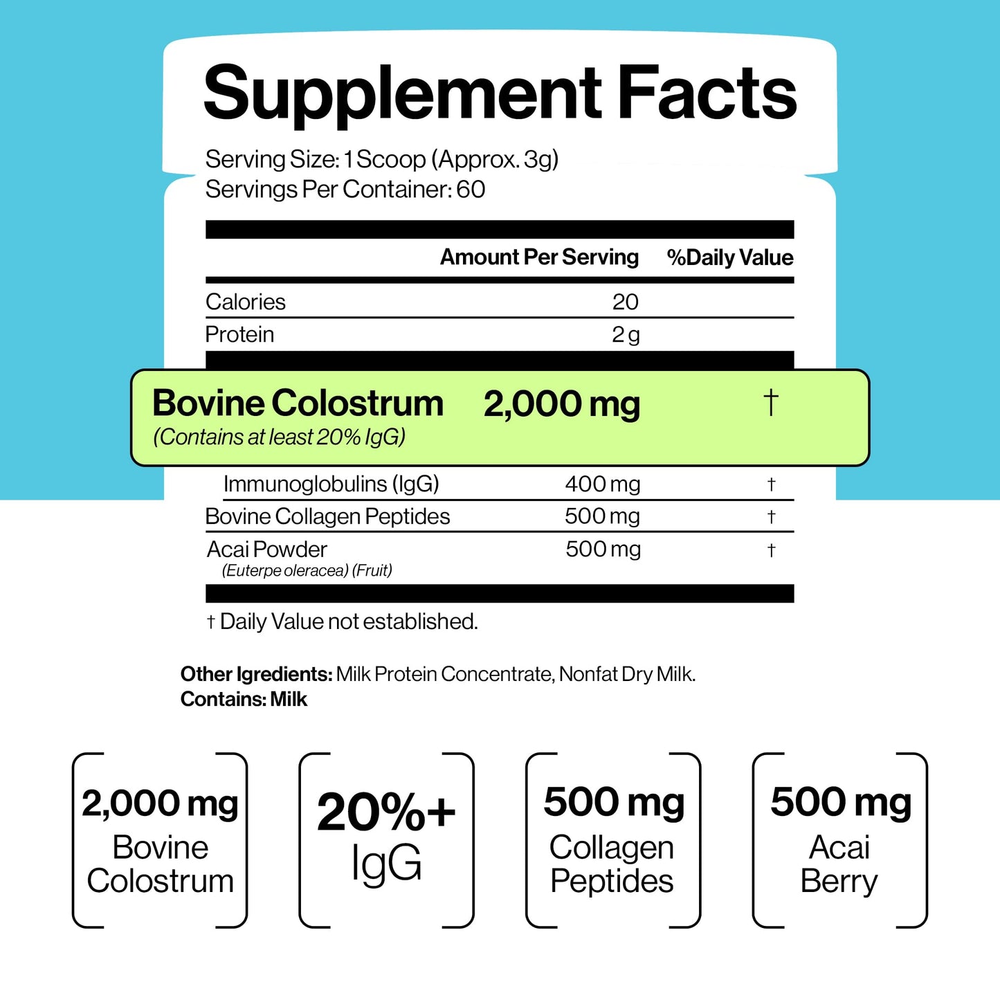 Luci Colostrum Powder 60 Servings, 3 in 1 with Collagen Peptides and Acai, Bovine Colostrum for Gut Health, Bloating, Collagen Protein for Muscle, Skin, Hair, Nails and Immunity, Gluten & Fat Free - dailyvitalstore