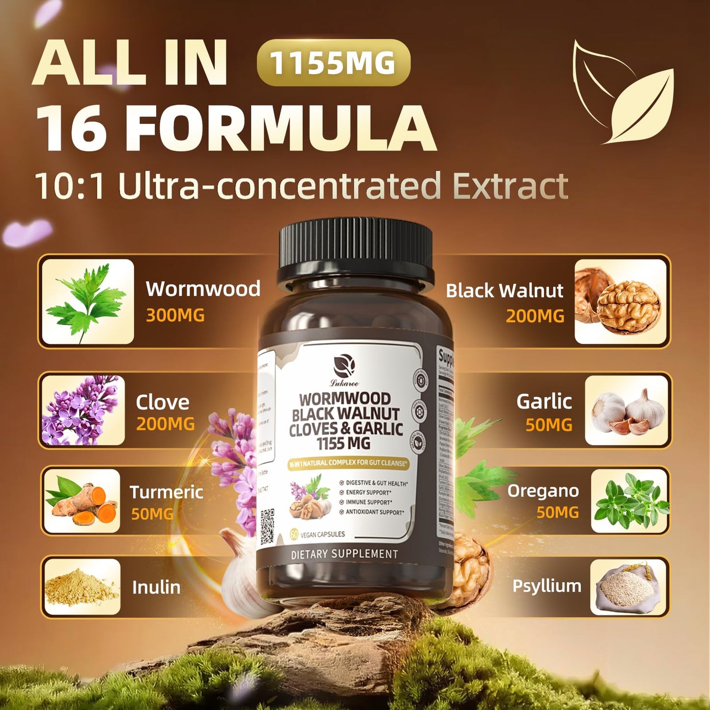 Lukaree 16-in-1 Wormwood Black Walnut Clove Cleanse for Humans – Natural Gut Detox & Digestive Health with Pumpkin Seeds Garlic Oregano Turmeric, Liposomal Tech - dailyvitalstore