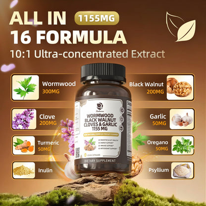 Lukaree 16-in-1 Wormwood Black Walnut Clove Cleanse for Humans – Natural Gut Detox & Digestive Health with Pumpkin Seeds Garlic Oregano Turmeric, Liposomal Tech - dailyvitalstore