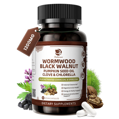 Lukaree Wormwood Black Walnut Cleanse for Human 1200mg – Ultra Gut Cleanse & Digestive Health w/Pumpkin Seed Oil,Clove,Activated Charcoal - for Men & Women - dailyvitalstore