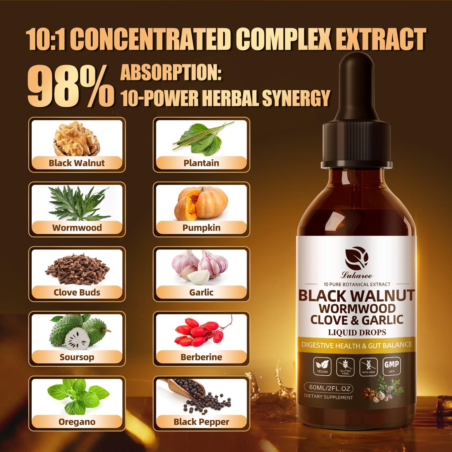 Lukaree Wormwood Black Walnut Clove Cleanse for Humans Tincture – Rapid Gut Detox & Digestive Health with Garlic Pumpkin Seeds Soursop Oregano, 10:1 Ultra-Concentrated Liposomal Tech 98% Absorption - dailyvitalstore