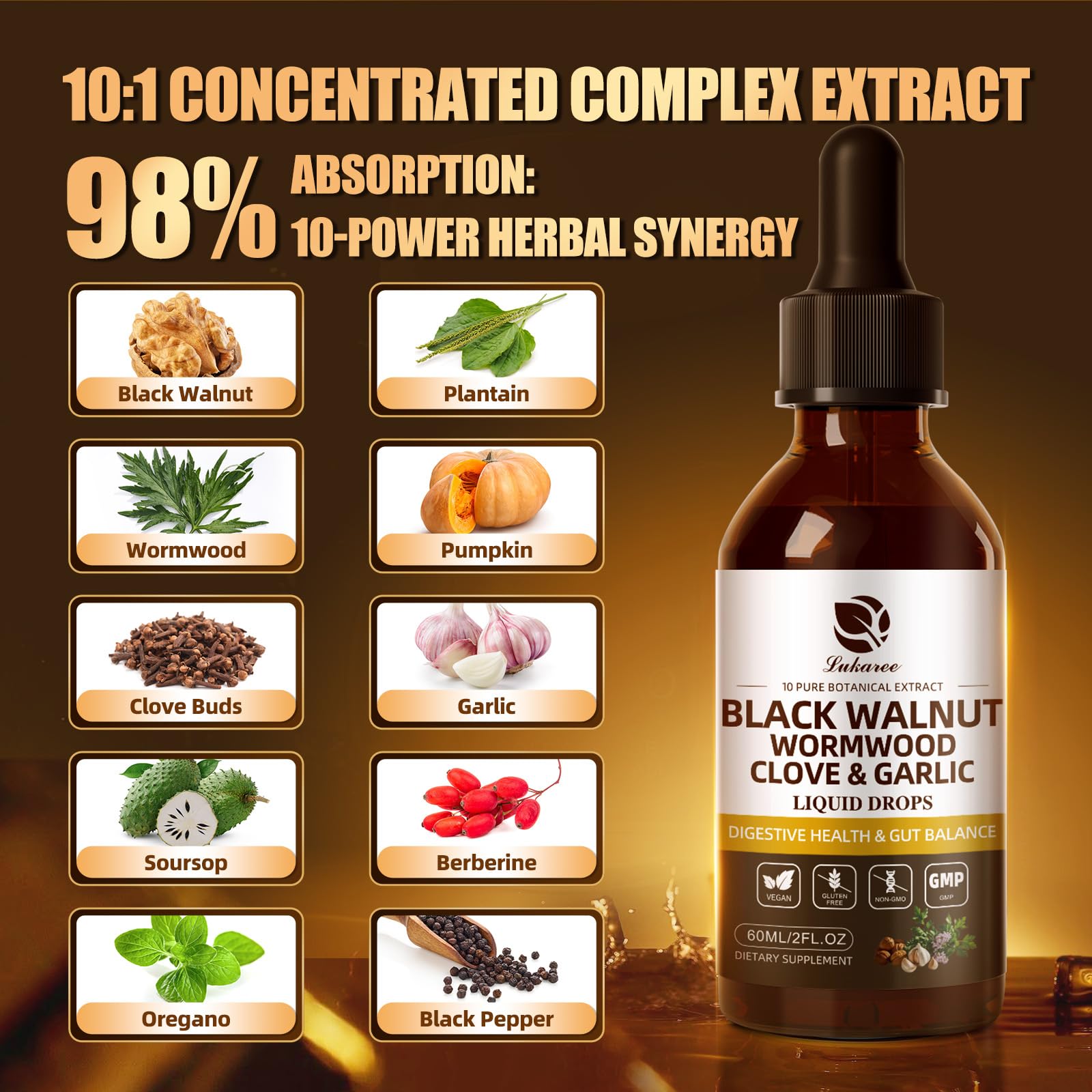 Lukaree Wormwood Black Walnut Clove Cleanse for Humans Tincture – Rapid Gut Detox & Digestive Health with Garlic Pumpkin Seeds Soursop Oregano, 10:1 Ultra-Concentrated Liposomal Tech 98% Absorption - dailyvitalstore