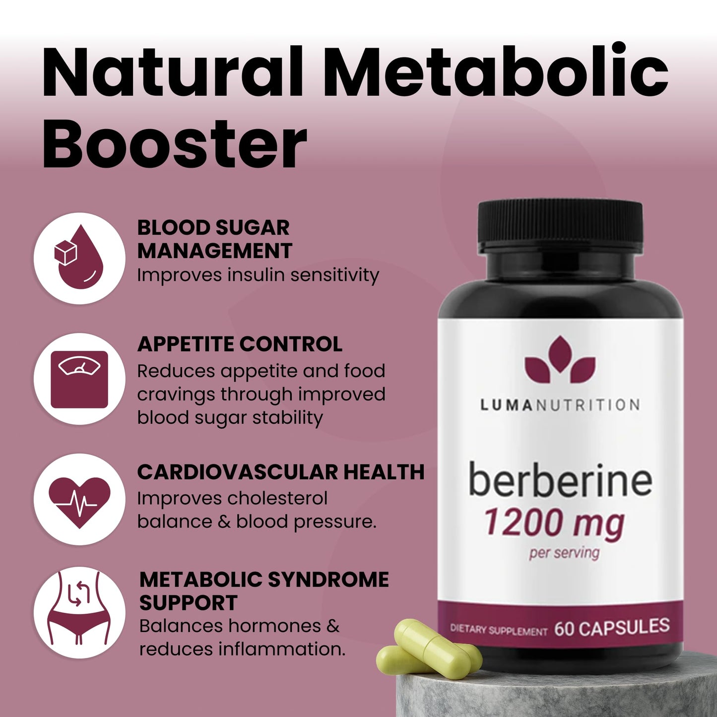 Luma Nutrition Berberine Supplement - HCL 1200mg Per Serving - 97% HCl - Vegan, Gluten Free - 60 Capsules - dailyvitalstore