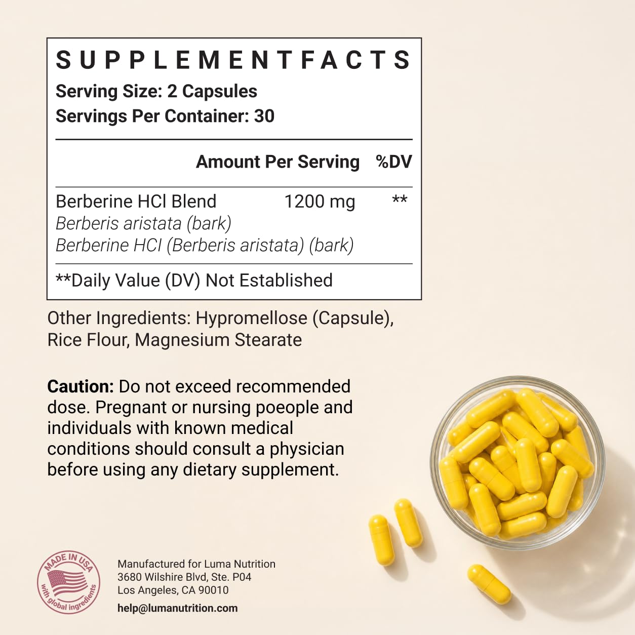 Luma Nutrition Berberine Supplement - HCL 1200mg Per Serving - 97% HCl - Vegan, Gluten Free - 60 Capsules - dailyvitalstore