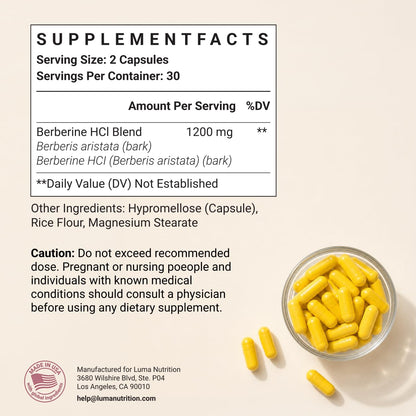 Luma Nutrition Berberine Supplement - HCL 1200mg Per Serving - 97% HCl - Vegan, Gluten Free - 60 Capsules - dailyvitalstore