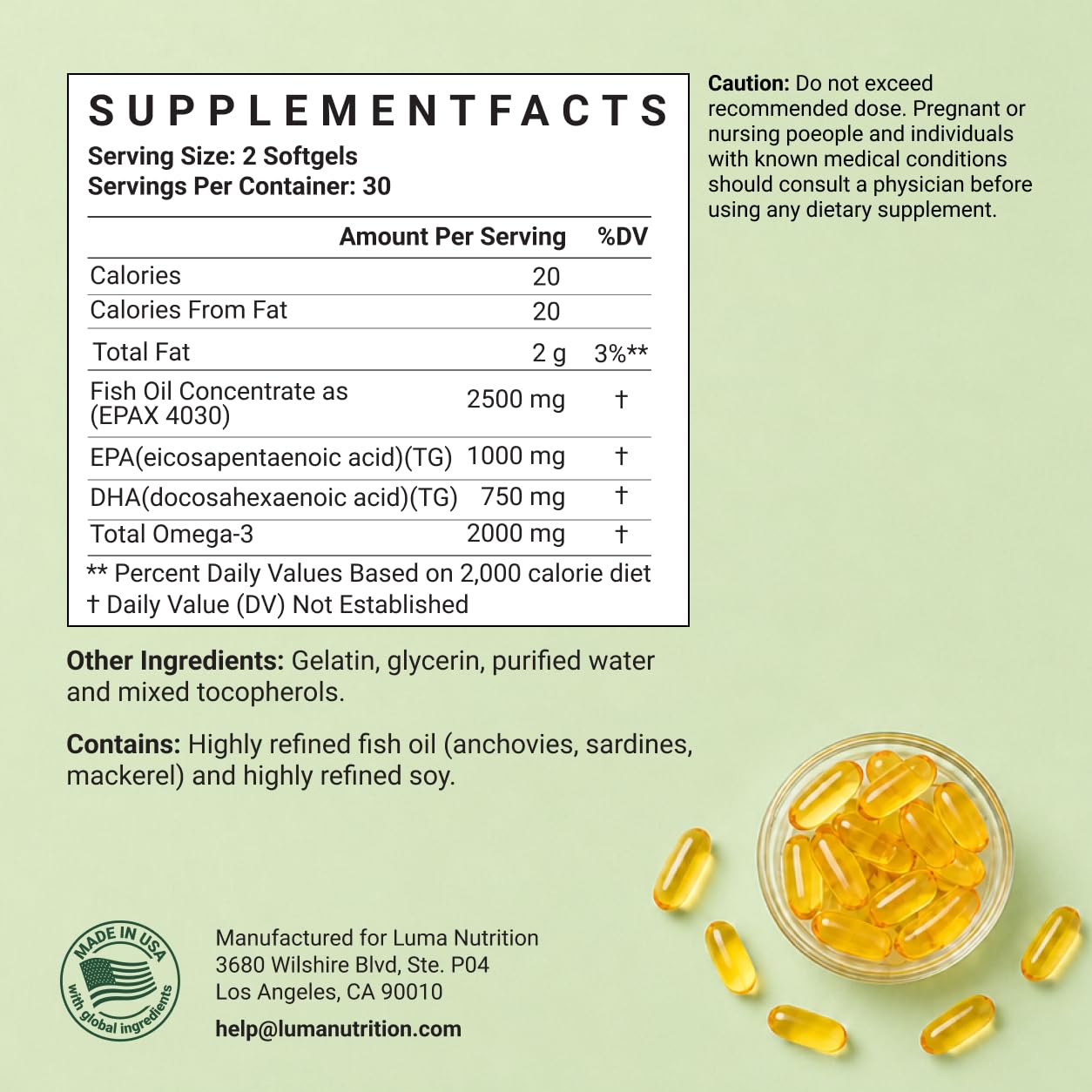 Luma Nutrition Omega 3 Fish Oil Supplement - Extra Strength 2500mg Per Serving - 2000mg EPA & DHA Per Serving - dailyvitalstore
