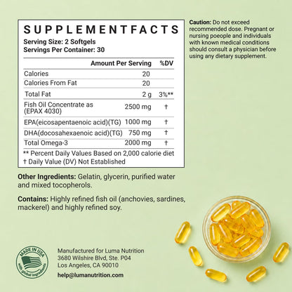 Luma Nutrition Omega 3 Fish Oil Supplement - Extra Strength 2500mg Per Serving - 2000mg EPA & DHA Per Serving - dailyvitalstore