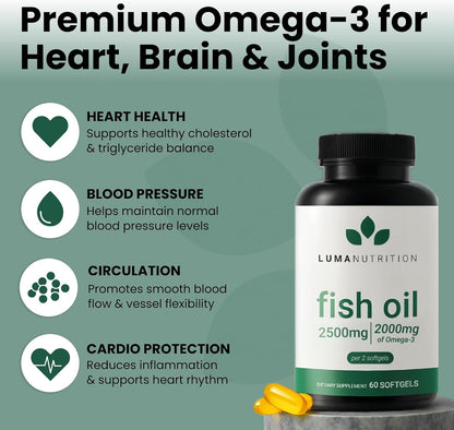 Luma Nutrition Omega 3 Fish Oil Supplement - Extra Strength 2500mg Per Serving - 2000mg EPA & DHA Per Serving - dailyvitalstore