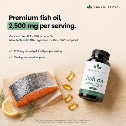 Luma Nutrition Omega 3 Fish Oil Supplement - Extra Strength 2500mg Per Serving - 2000mg EPA & DHA Per Serving - dailyvitalstore