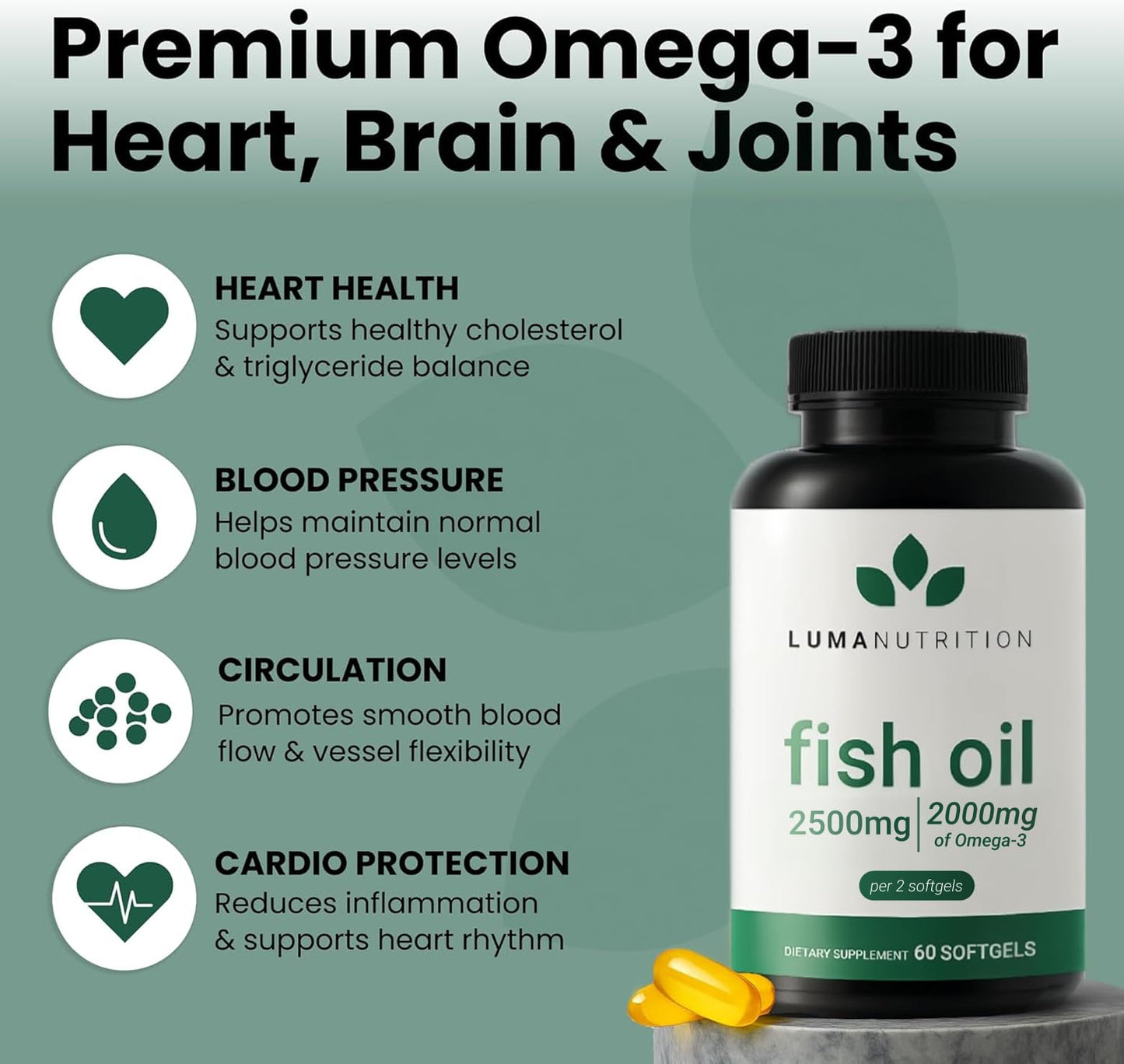Luma Nutrition Omega 3 Fish Oil Supplement - Extra Strength 2500mg Per Serving - 2000mg EPA & DHA Per Serving - Brain and Heart Health - 60 Softgels, 30 Servings - dailyvitalstore