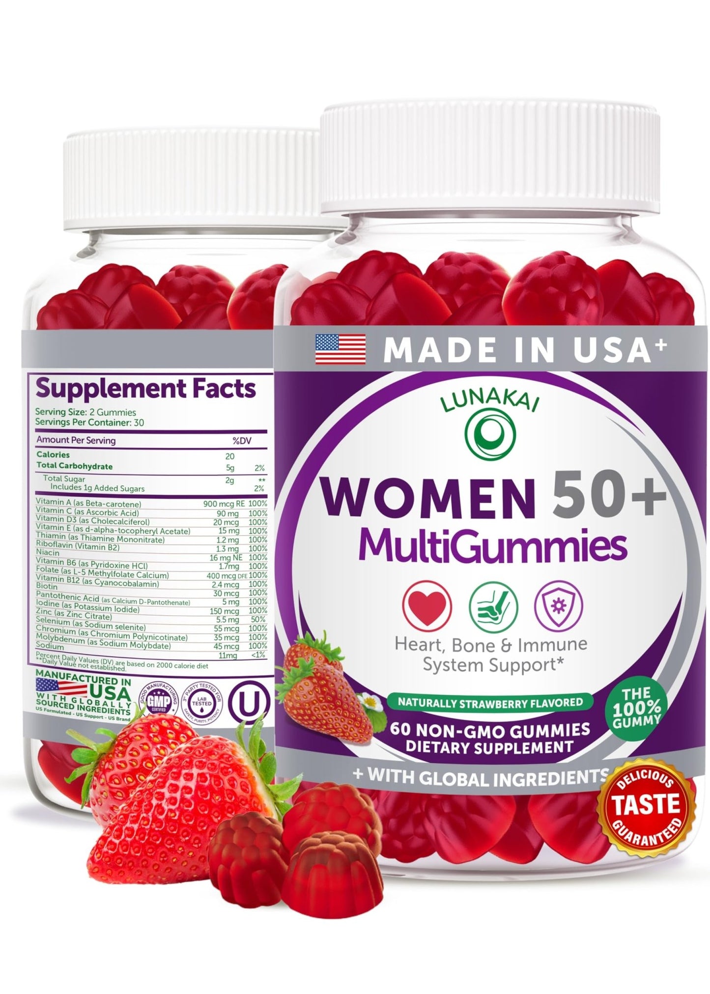 Lunakai USA Made 50 Plus Women's Multivitamin Gummies - Delicious Formula Enhanced with Essential Vitamins & Minerals for Health & Vitality - 60ct - dailyvitalstore