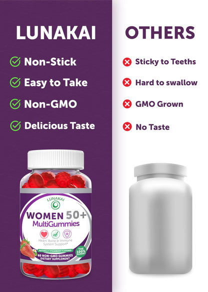 Lunakai USA Made 50 Plus Women's Multivitamin Gummies - Delicious Formula Enhanced with Essential Vitamins & Minerals for Health & Vitality - 60ct - dailyvitalstore