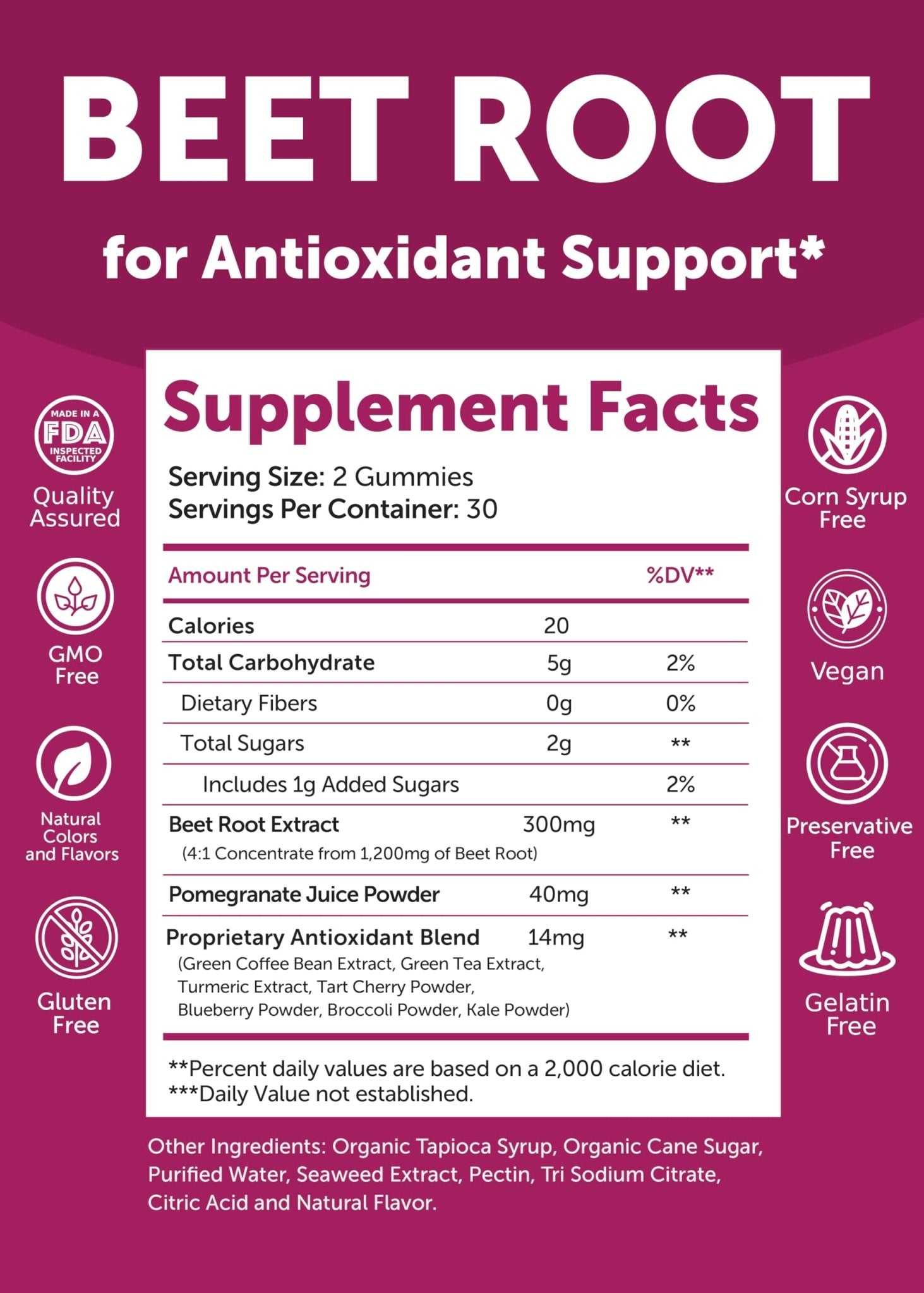 Lunakai USA Made Beet Root Gummies with Antioxidant Blend - Delicious Non-GMO Beet Chews, 60ct - dailyvitalstore