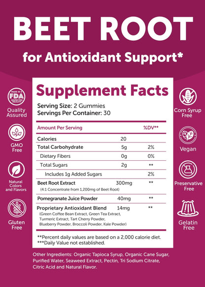 Lunakai USA Made Beet Root Gummies with Antioxidant Blend - Delicious Non-GMO Beet Chews, 60ct - dailyvitalstore