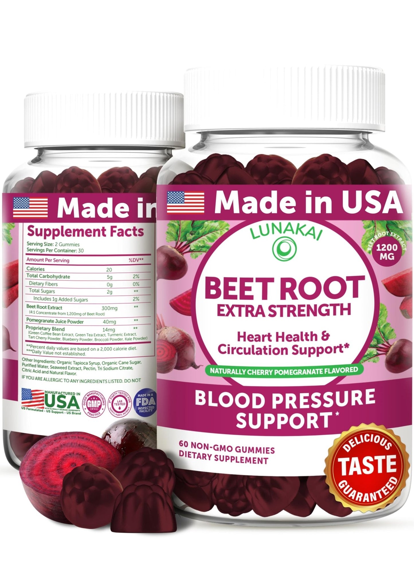Lunakai USA Made Beet Root Gummies with Antioxidant Blend - Delicious Non-GMO Beet Chews, 60ct - dailyvitalstore