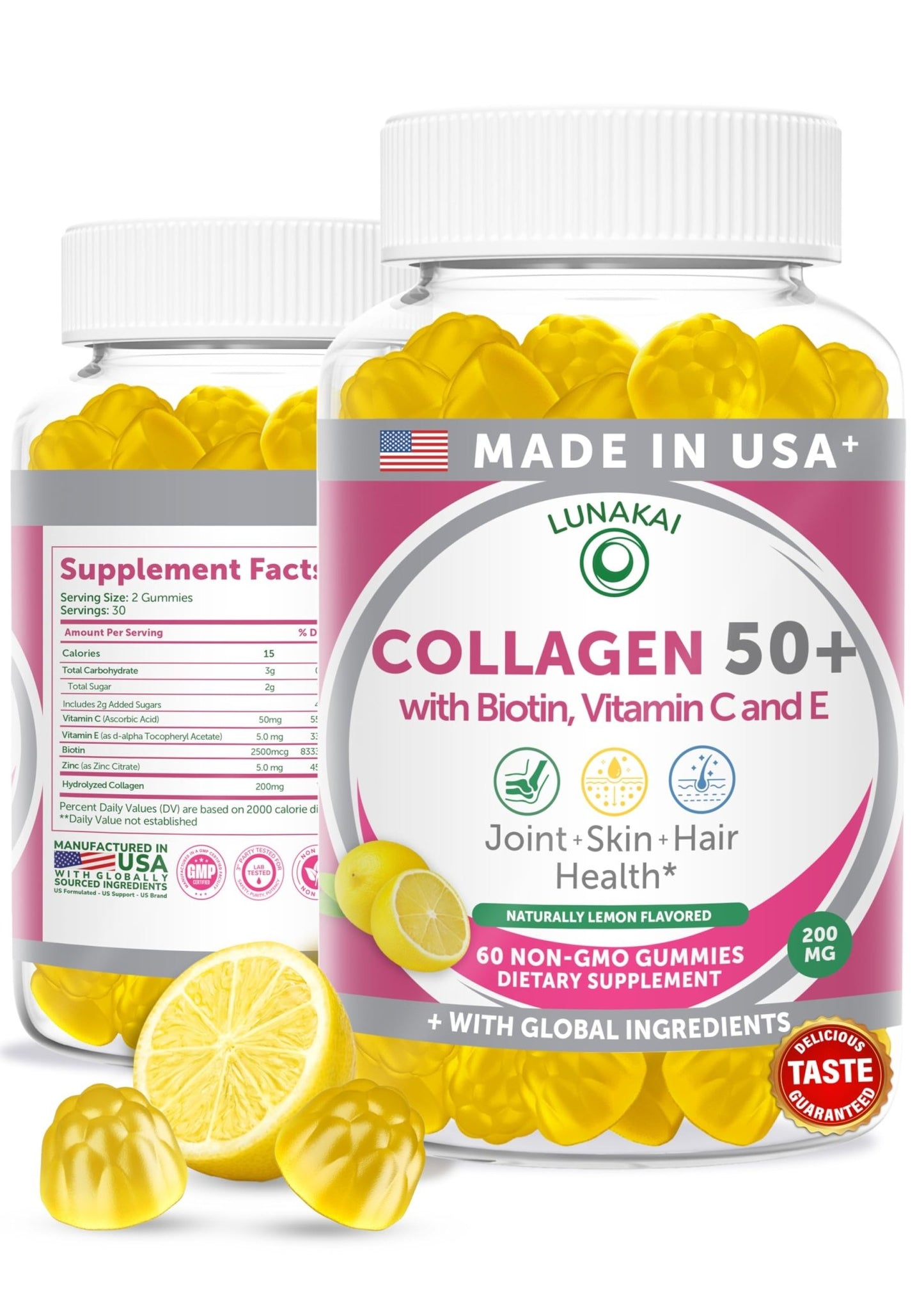 Lunakai USA Made Collagen Gummies for Women & Men Over 50, Biotin & Vitamin C, Supports Skin Elasticity, Hair & Nail Strength, Joint Support, 60ct - dailyvitalstore
