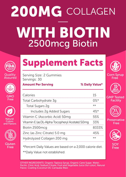 Lunakai USA Made Collagen Peptides Gummies - 200mg Non-GMO Anti-Aging Formula with Biotin, Zinc, Vitamins C - dailyvitalstore