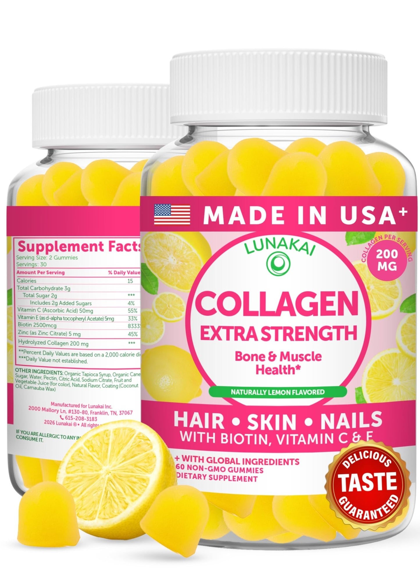 Lunakai USA Made Collagen Peptides Gummies - 200mg Non-GMO Anti-Aging Formula with Biotin, Zinc, Vitamins C - dailyvitalstore